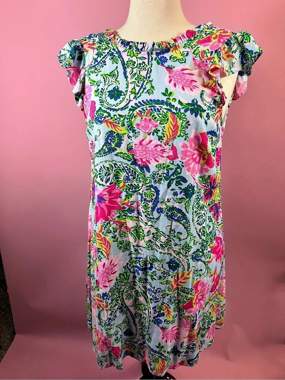 Emily Wonder Floral Mini Dress Blue & Pink Medium Like New